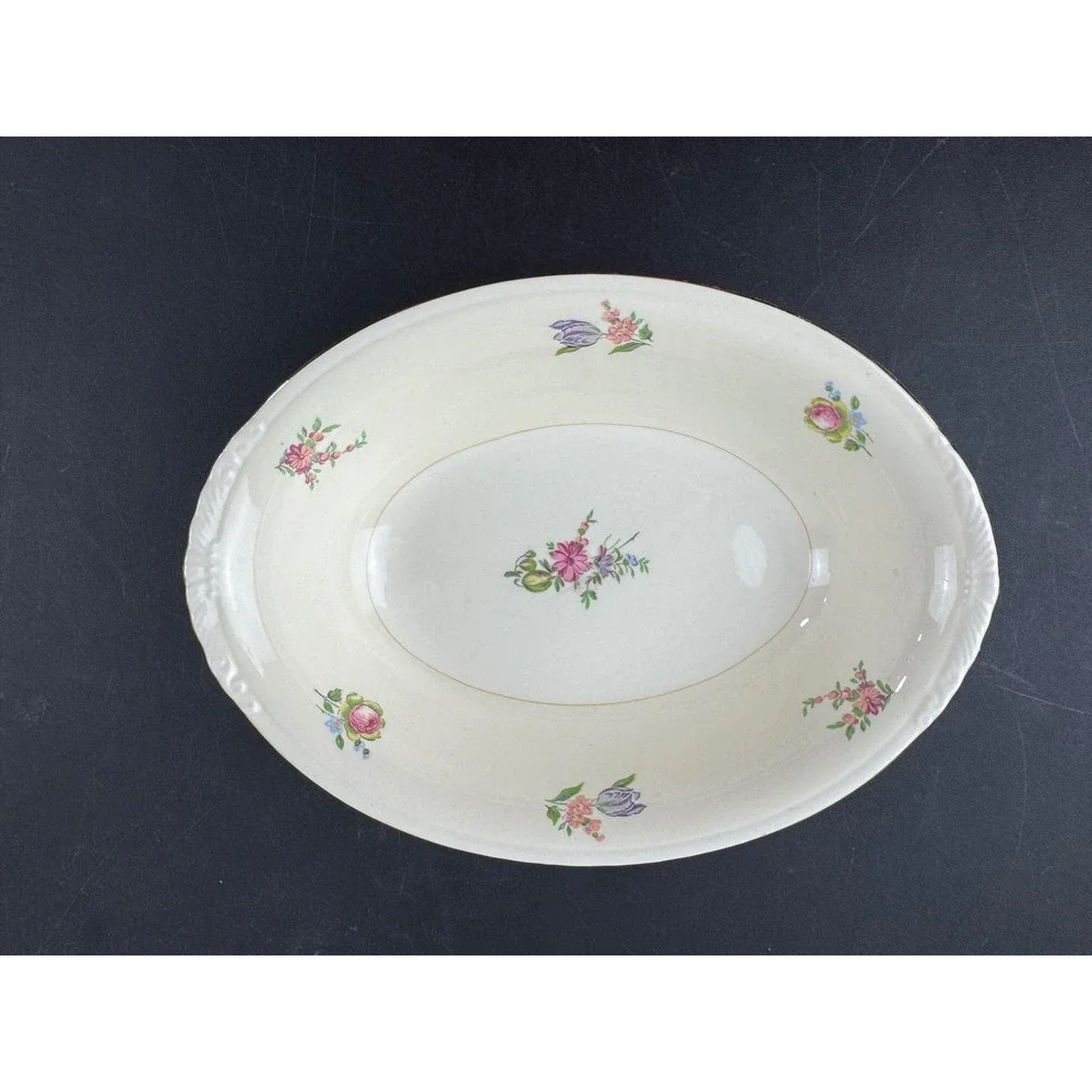 Homer Laughlin Eggshell Nautilus Priscilla‎ Oval Vegetable Bowl Floral Gold Trim